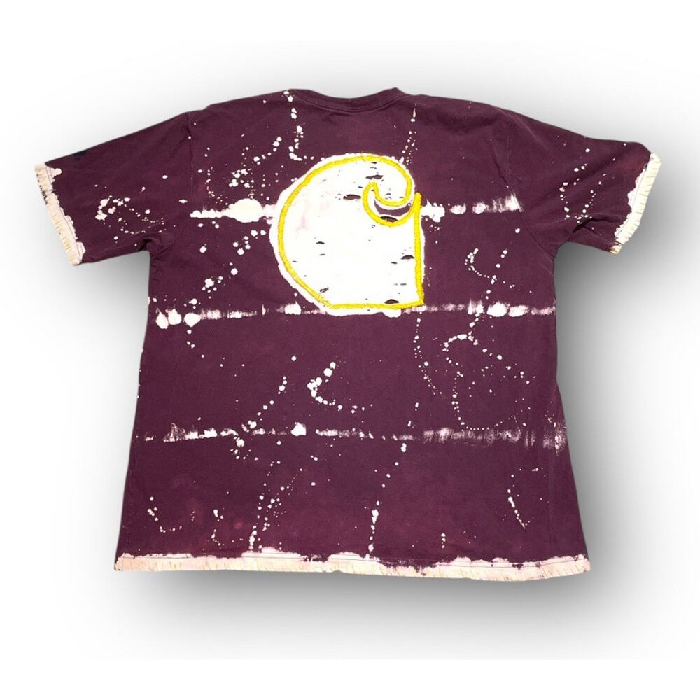 Carhartt Bleach Dye T Shirt Size L Big Logo Burgundy Distressed